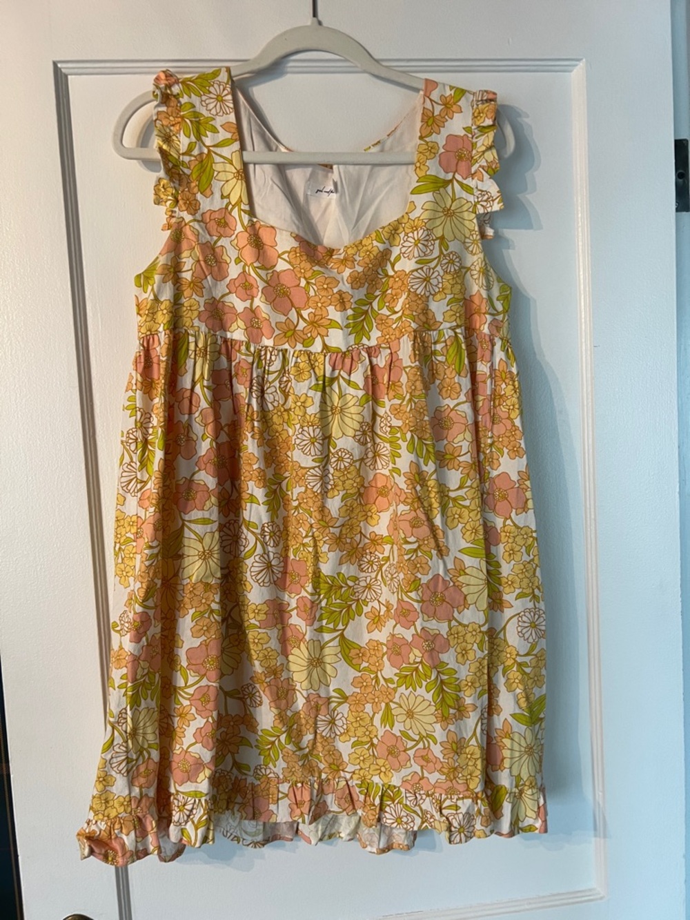 Floral Ruffle-Trim Mini Dress in Peach, Yellow & White